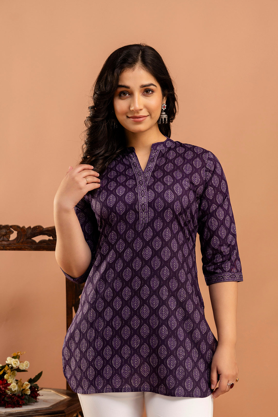 Women Purple Printed Straight Tunic With Three Quarter Sleeves | LASVINI - Redefining Indian Fashion with Elegance
