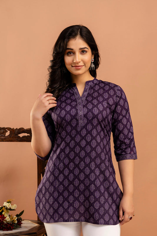 Women Purple Printed Straight Tunic With Three Quarter Sleeves | LASVINI - Redefining Indian Fashion with Elegance