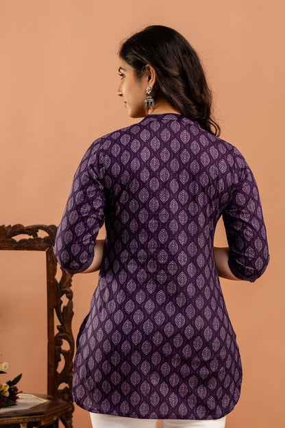 Women Purple Printed Straight Tunic With Three Quarter Sleeves | LASVINI - Redefining Indian Fashion with Elegance