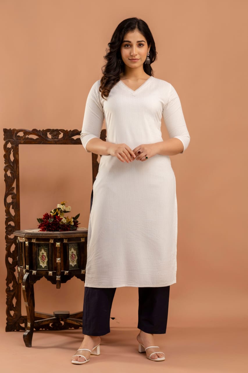White Striped Straight Kurta with Three Quarter Sleeves | LASVINI - Redefining Indian Fashion with Elegance