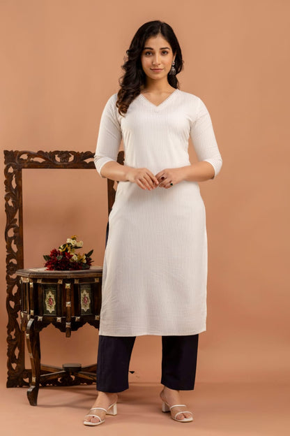 White Striped Straight Kurta with Three Quarter Sleeves | LASVINI - Redefining Indian Fashion with Elegance