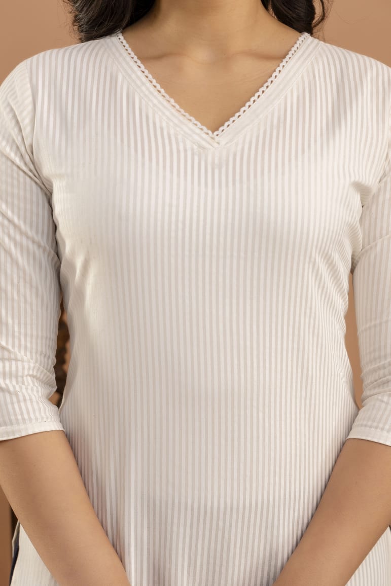 White Striped Straight Kurta with Three Quarter Sleeves | LASVINI - Redefining Indian Fashion with Elegance