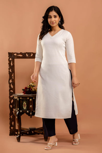White Striped Straight Kurta with Three Quarter Sleeves | LASVINI - Redefining Indian Fashion with Elegance