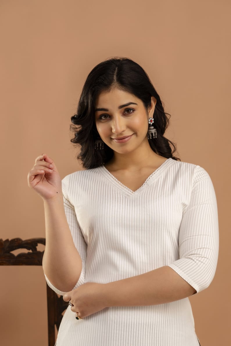 White Striped Straight Kurta with Three Quarter Sleeves | LASVINI - Redefining Indian Fashion with Elegance