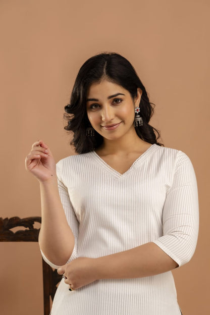 White Striped Straight Kurta with Three Quarter Sleeves | LASVINI - Redefining Indian Fashion with Elegance