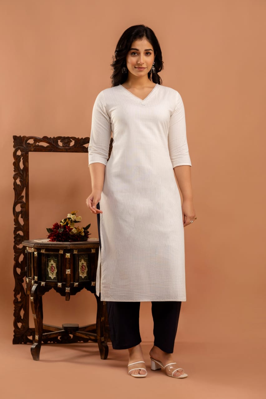 White Striped Straight Kurta with Three Quarter Sleeves | LASVINI - Redefining Indian Fashion with Elegance