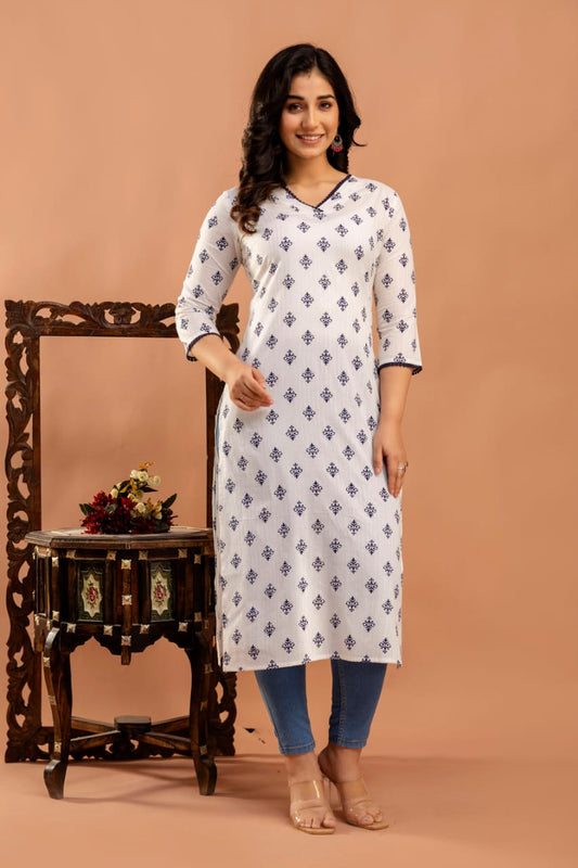 White Ethnic Printed Straight Kurta with Three Quarter Sleeves | LASVINI - Redefining Indian Fashion with Elegance