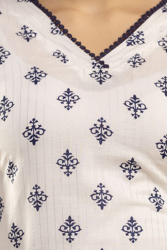 White Ethnic Printed Straight Kurta with Three Quarter Sleeves | LASVINI - Redefining Indian Fashion with Elegance