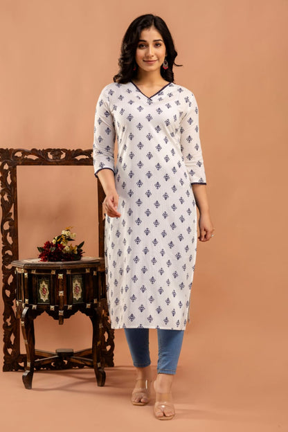White Ethnic Printed Straight Kurta with Three Quarter Sleeves | LASVINI - Redefining Indian Fashion with Elegance
