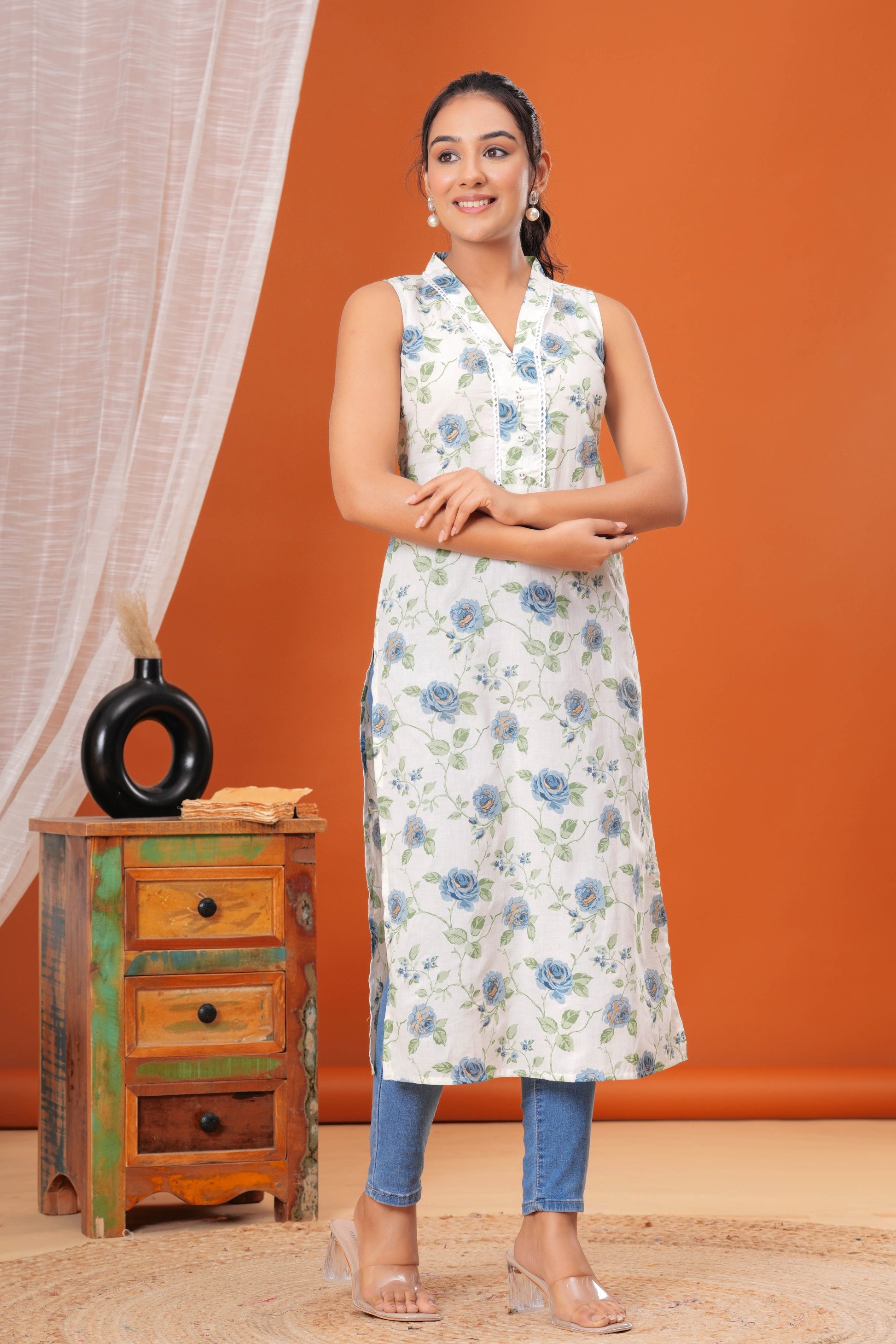 Off White Floral Printed Straight Sleeveless Kurta for Women | LASVINI - Redefining Indian Fashion with Elegance