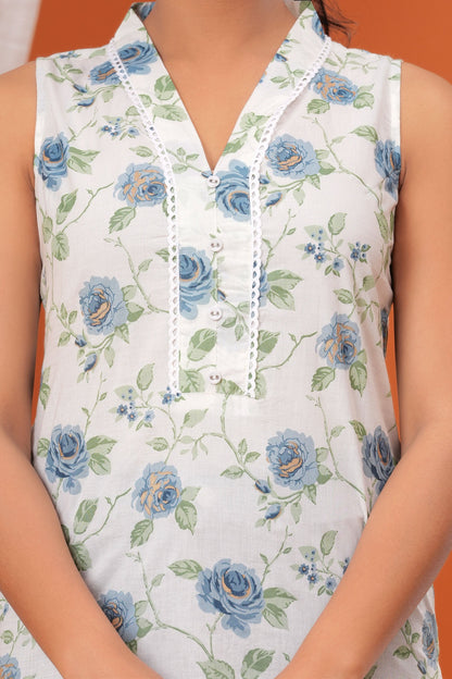 Off White Floral Printed Straight Sleeveless Kurta for Women | LASVINI - Redefining Indian Fashion with Elegance