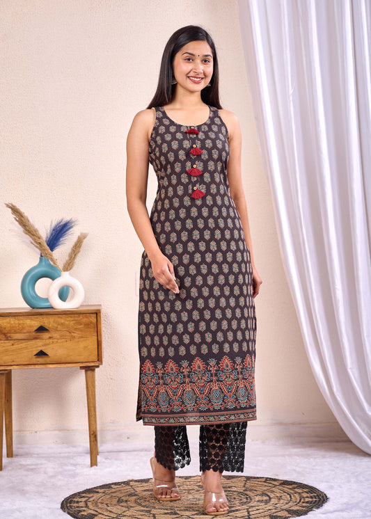 Women Black Printed Straight Sleeveless Kurta | LASVINI - Redefining Indian Fashion with Elegance