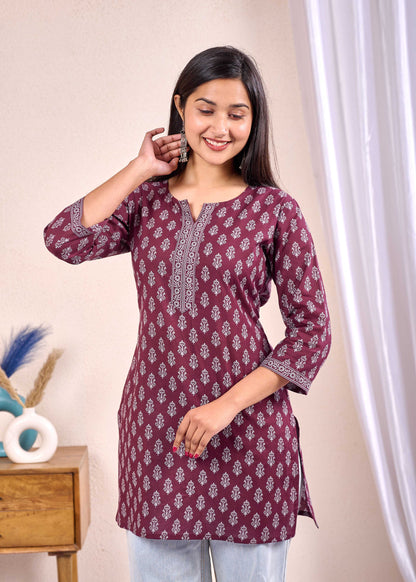 Women Burgundy Printed Straight Tunic | LASVINI - Redefining Indian Fashion with Elegance