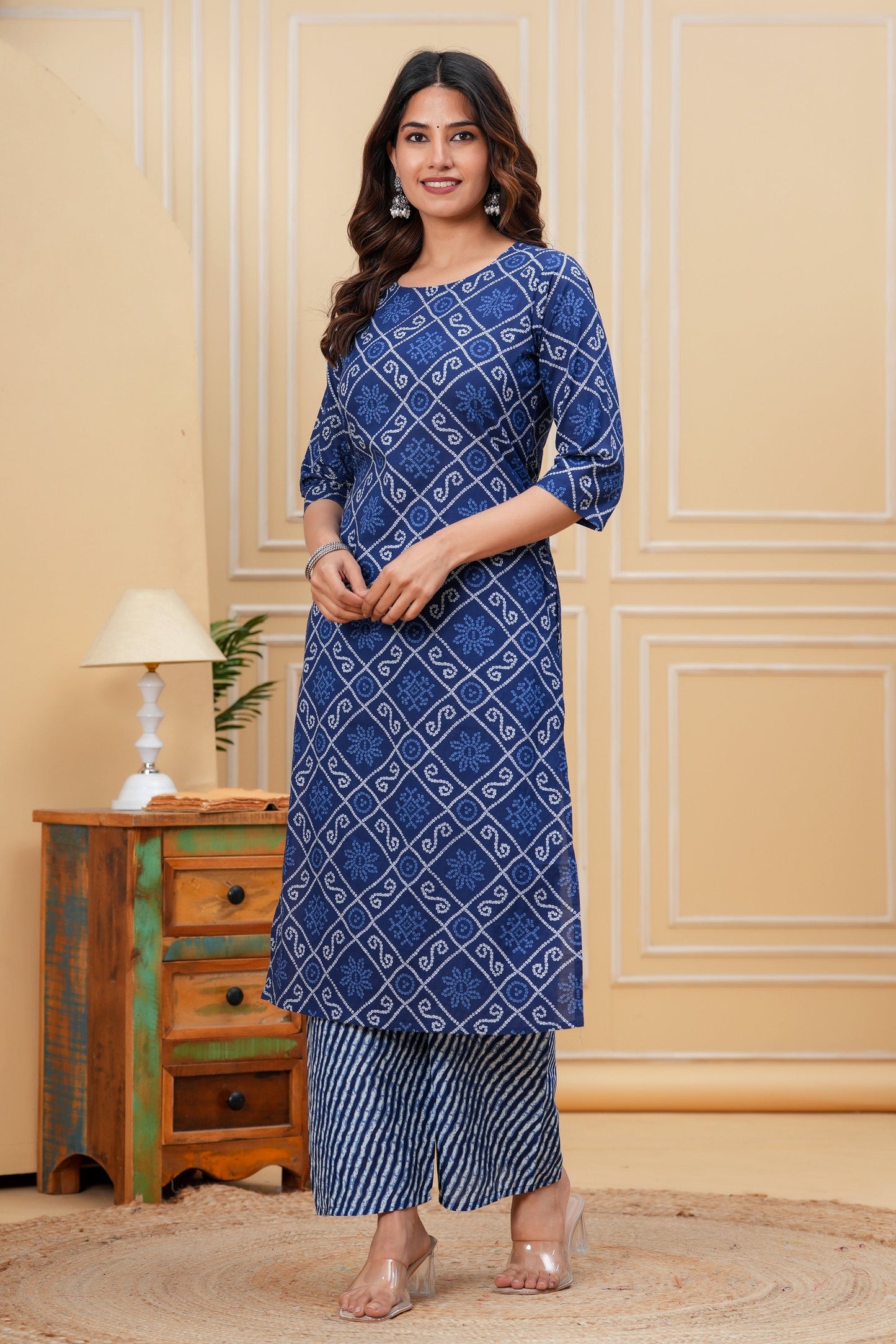 Blue Printed Straight Kurta With Palazzo for Women | LASVINI - Redefining Indian Fashion with Elegance