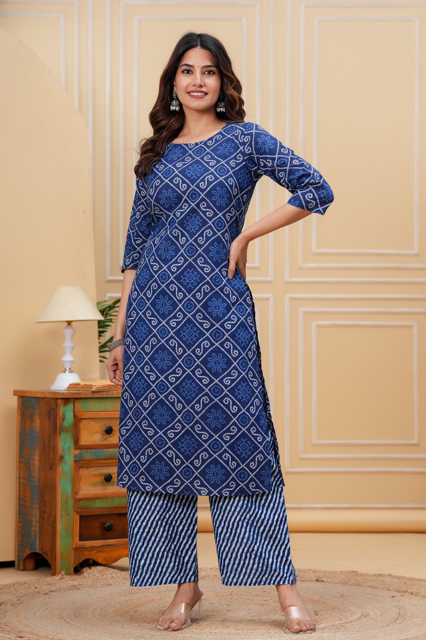 Blue Printed Straight Kurta With Palazzo for Women | LASVINI - Redefining Indian Fashion with Elegance