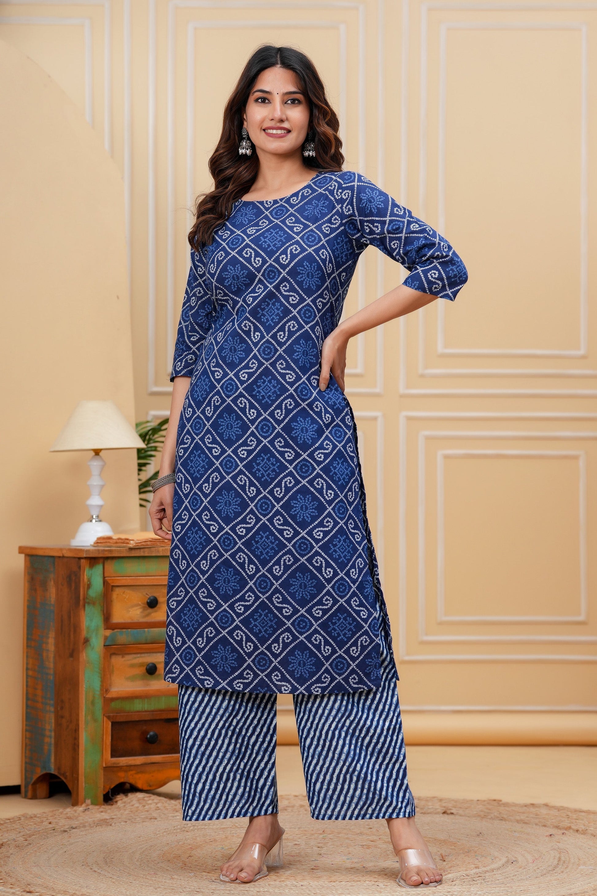 Blue Printed Straight Kurta With Palazzo for Women | LASVINI - Redefining Indian Fashion with Elegance