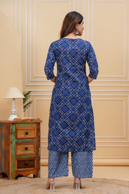 Blue Printed Straight Kurta With Palazzo for Women | LASVINI - Redefining Indian Fashion with Elegance