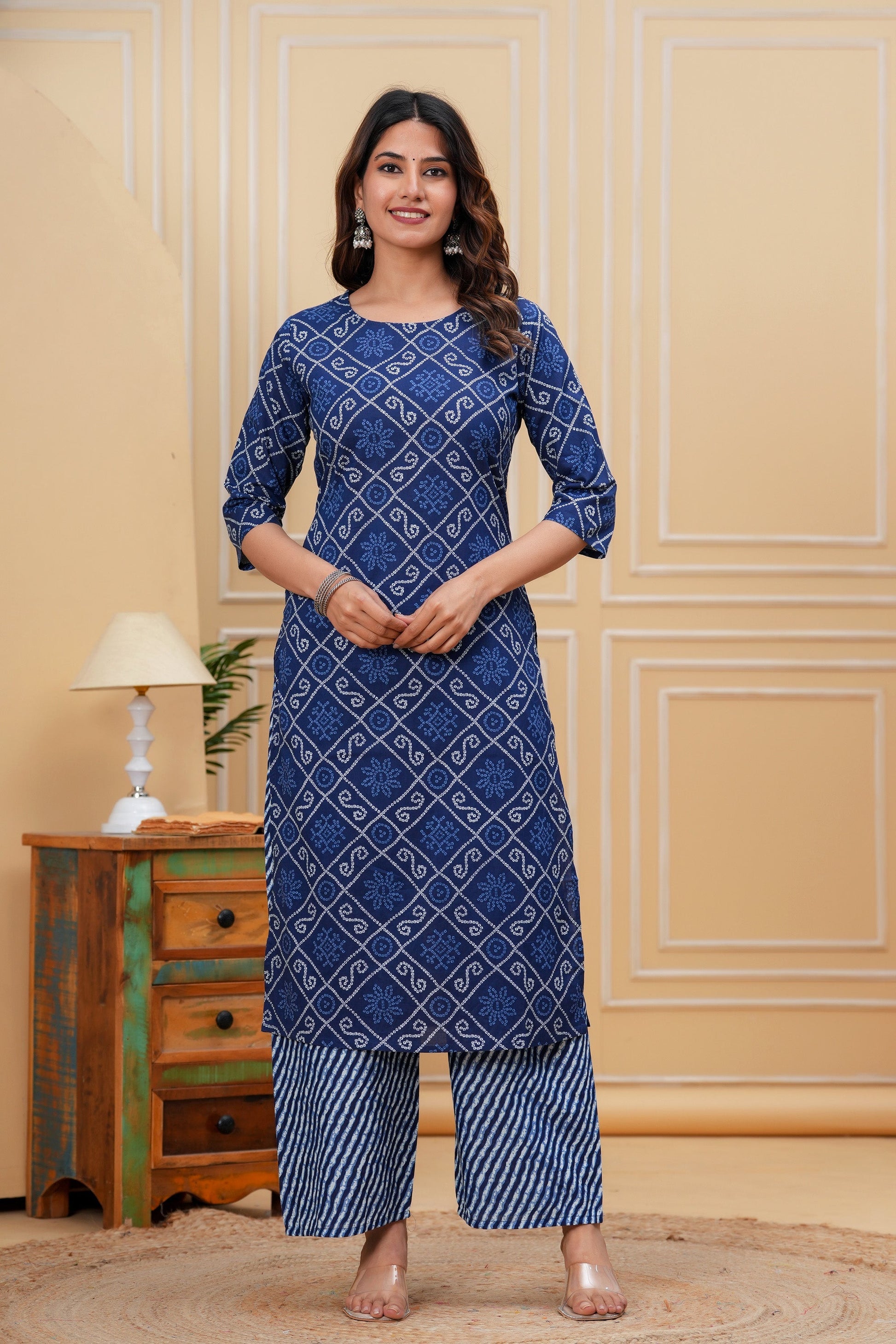 Blue Printed Straight Kurta With Palazzo for Women | LASVINI - Redefining Indian Fashion with Elegance