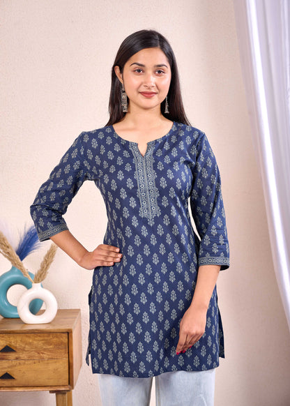 Women Navy Blue Printed Straight Tunic | LASVINI - Redefining Indian Fashion with Elegance