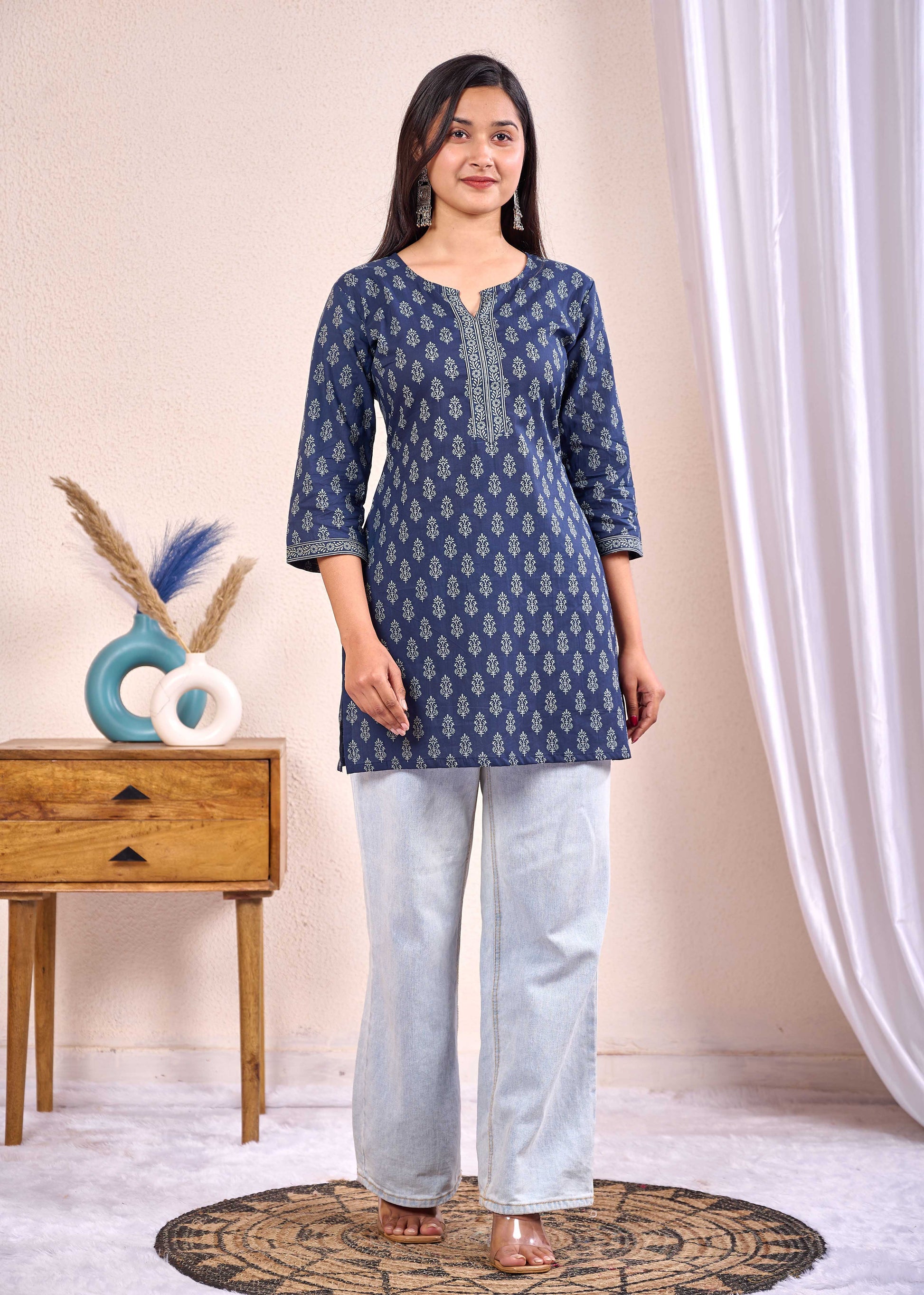 Women Navy Blue Printed Straight Tunic | LASVINI - Redefining Indian Fashion with Elegance