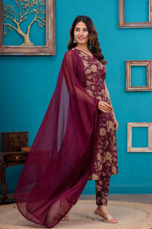 Burgundy Printed Straight Kurta Set With Dupatta for Women | LASVINI - Redefining Indian Fashion with Elegance