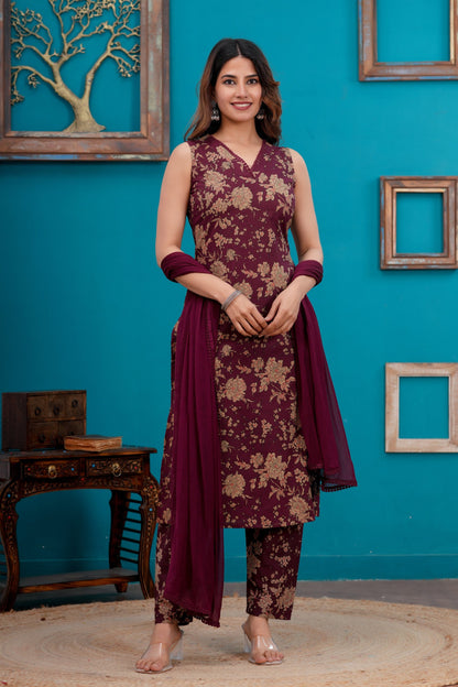 Burgundy Printed Straight Kurta Set With Dupatta for Women | LASVINI - Redefining Indian Fashion with Elegance