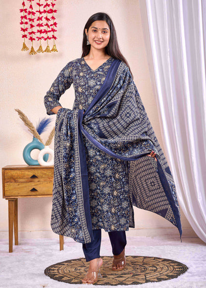Navy Blue Printed Straight Kurta Set With Dupatta for Women | LASVINI - Redefining Indian Fashion with Elegance