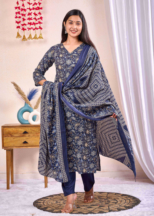 Navy Blue Printed Straight Kurta Set With Dupatta for Women | LASVINI - Redefining Indian Fashion with Elegance