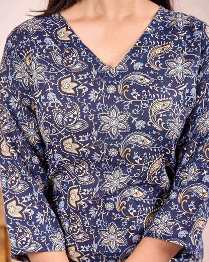 Navy Blue Printed Straight Kurta Set With Dupatta for Women | LASVINI - Redefining Indian Fashion with Elegance