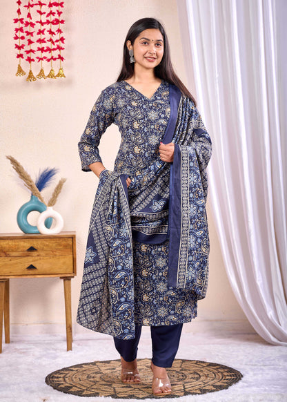 Navy Blue Printed Straight Kurta Set With Dupatta for Women | LASVINI - Redefining Indian Fashion with Elegance