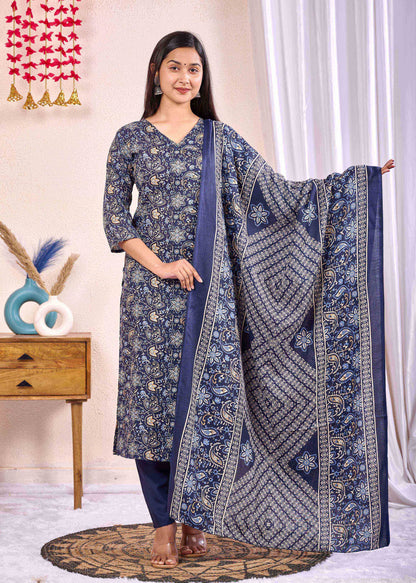 Navy Blue Printed Straight Kurta Set With Dupatta for Women | LASVINI - Redefining Indian Fashion with Elegance