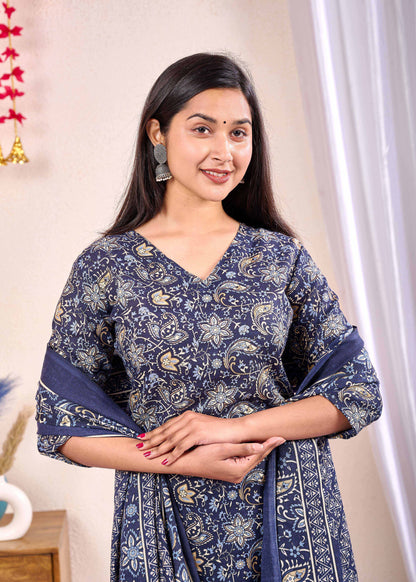 Navy Blue Printed Straight Kurta Set With Dupatta for Women | LASVINI - Redefining Indian Fashion with Elegance
