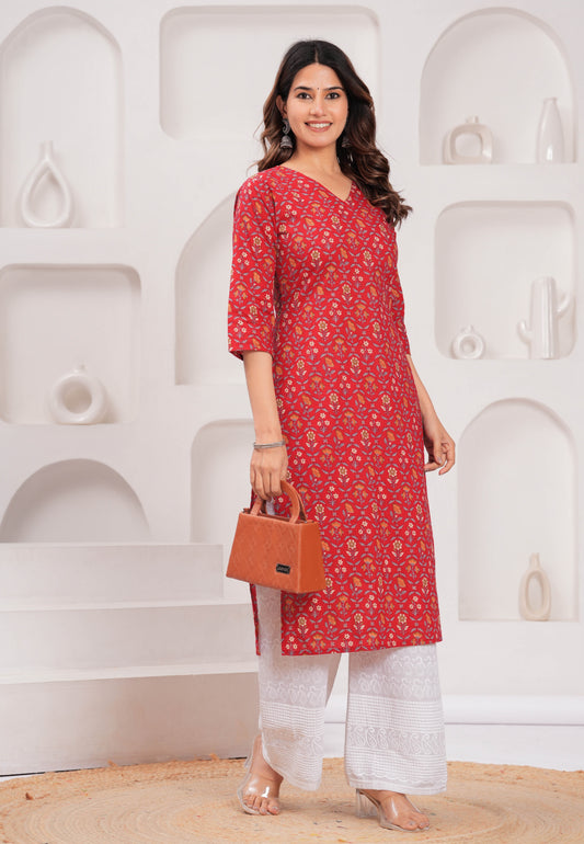 Red Printed Straight Kurta with Three Quarter Sleeves | LASVINI - Redefining Indian Fashion with Elegance