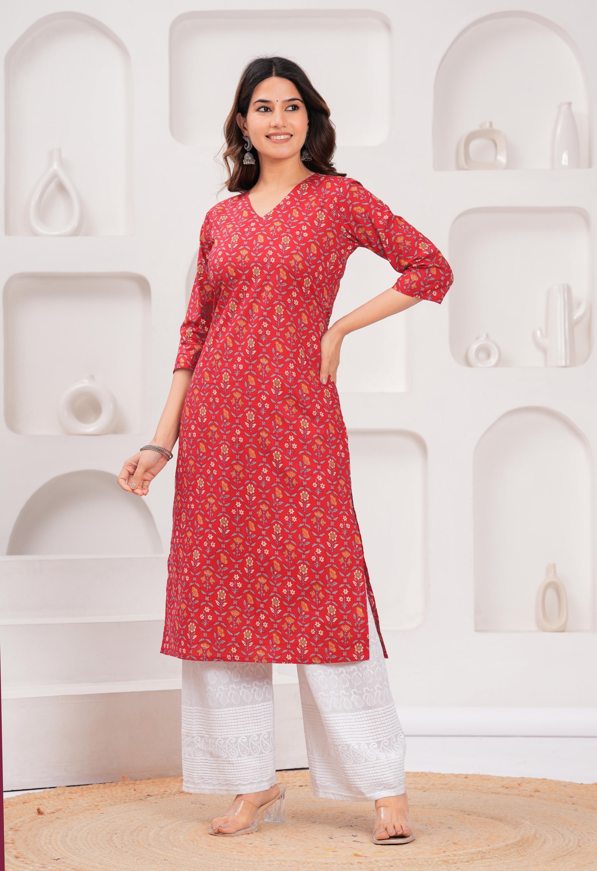 Red Printed Straight Kurta with Three Quarter Sleeves | LASVINI - Redefining Indian Fashion with Elegance