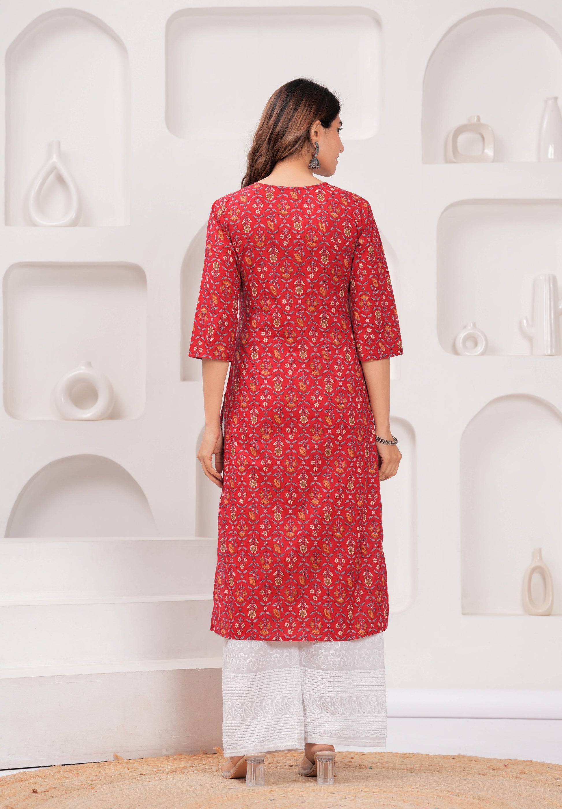 Red Printed Straight Kurta with Three Quarter Sleeves | LASVINI - Redefining Indian Fashion with Elegance