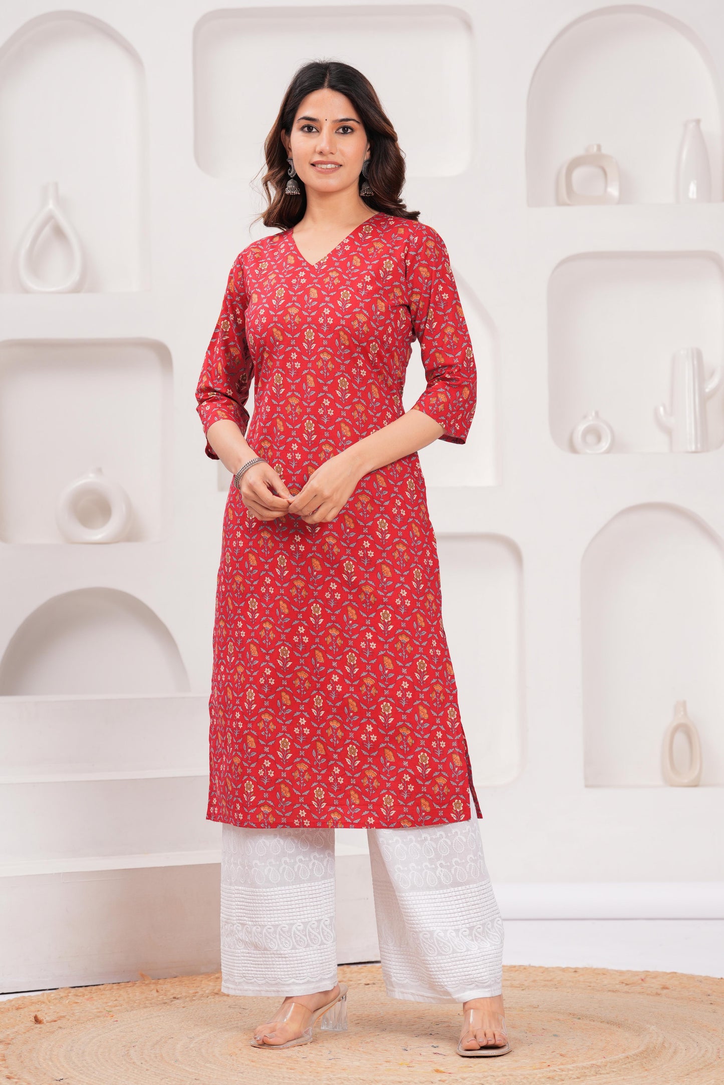 Red Printed Straight Kurta with Three Quarter Sleeves | LASVINI - Redefining Indian Fashion with Elegance