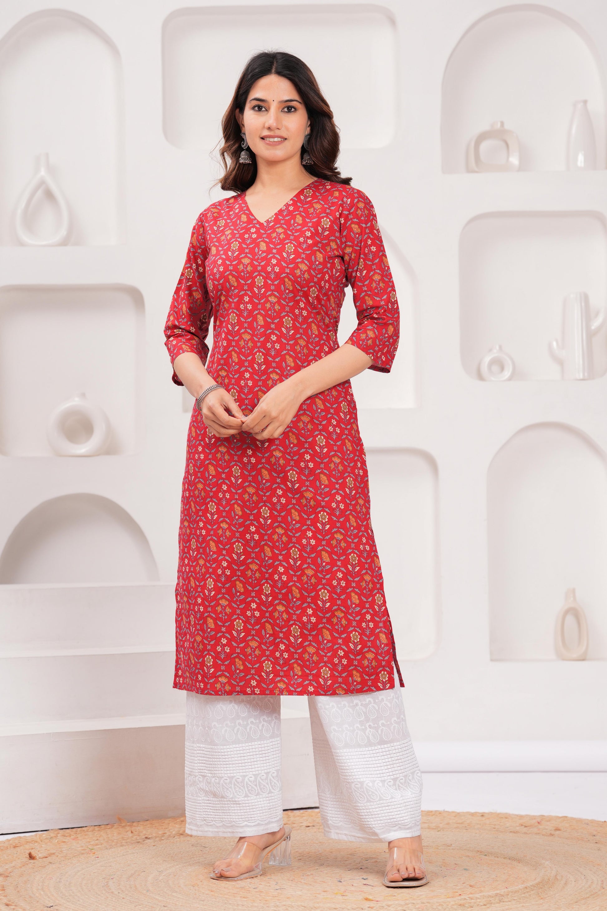 Red Printed Straight Kurta with Three Quarter Sleeves | LASVINI - Redefining Indian Fashion with Elegance