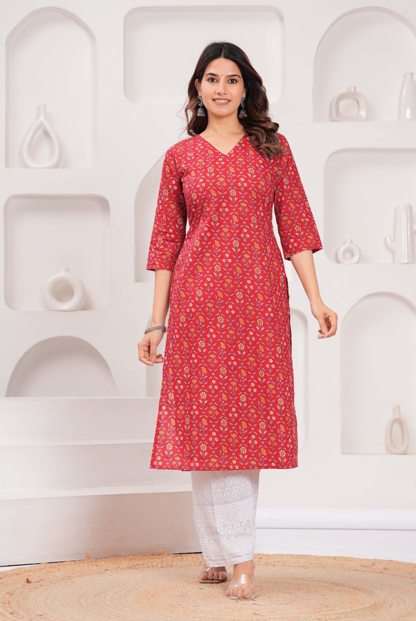 Red Printed Straight Kurta with Three Quarter Sleeves | LASVINI - Redefining Indian Fashion with Elegance
