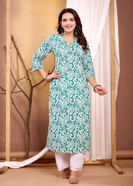 Turquoise Blue Printed Straight Kurta with Three Quarter Sleeves | LASVINI - Redefining Indian Fashion with Elegance