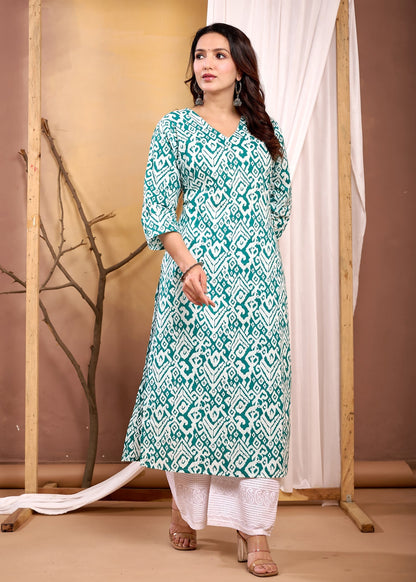 Turquoise Blue Printed Straight Kurta with Three Quarter Sleeves | LASVINI - Redefining Indian Fashion with Elegance