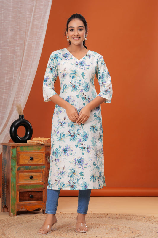 Off White Printed Straight Kurta with Three Quarter Sleeves | LASVINI - Redefining Indian Fashion with Elegance
