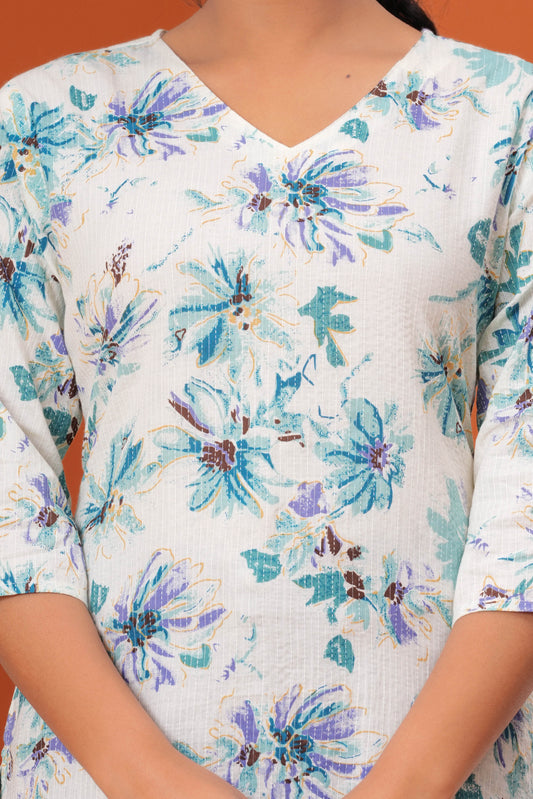 Off White Printed Straight Kurta with Three Quarter Sleeves | LASVINI - Redefining Indian Fashion with Elegance