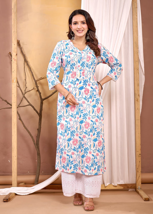 Off White Printed Straight Kurta with Three Quarter Sleeves | LASVINI - Redefining Indian Fashion with Elegance