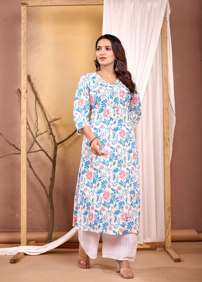 Off White Printed Straight Kurta with Three Quarter Sleeves | LASVINI - Redefining Indian Fashion with Elegance