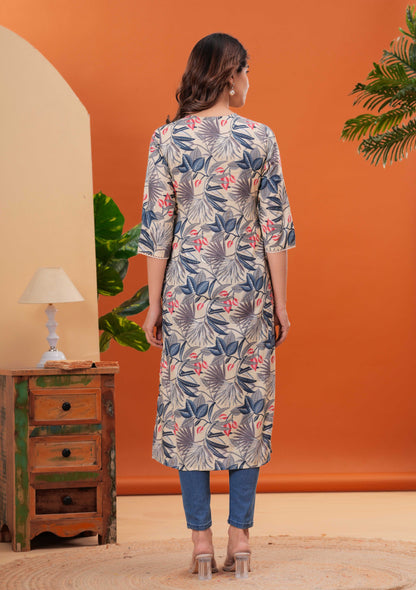 Off White Printed Straight Kurta with Three Quarter Sleeves | LASVINI - Redefining Indian Fashion with Elegance