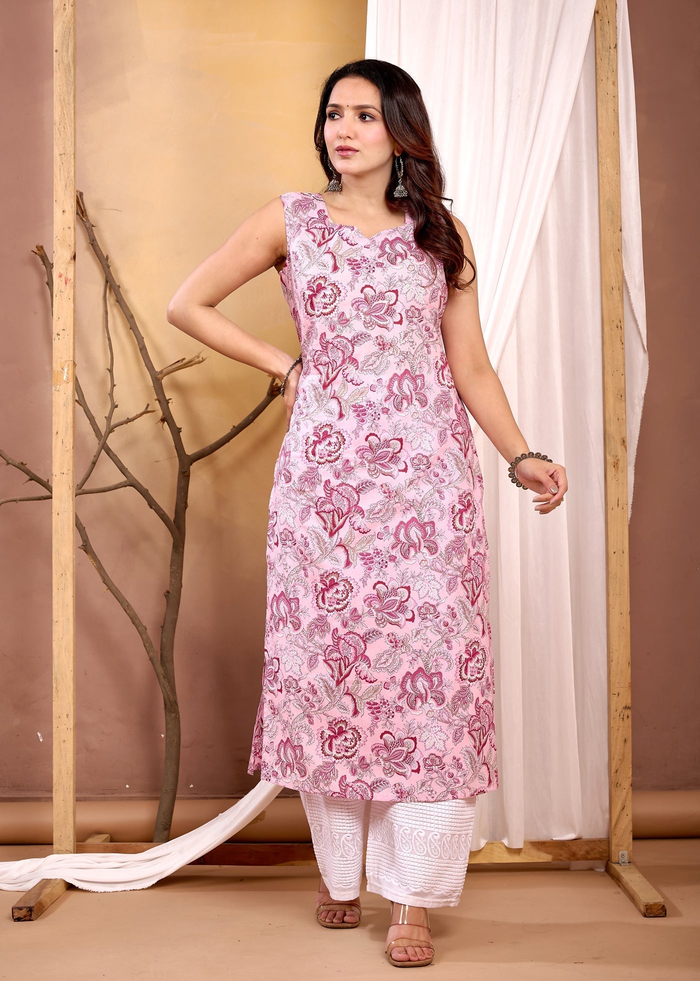 Pink Floral Printed Straight Sleeveless Kurta for Women | LASVINI - Redefining Indian Fashion with Elegance