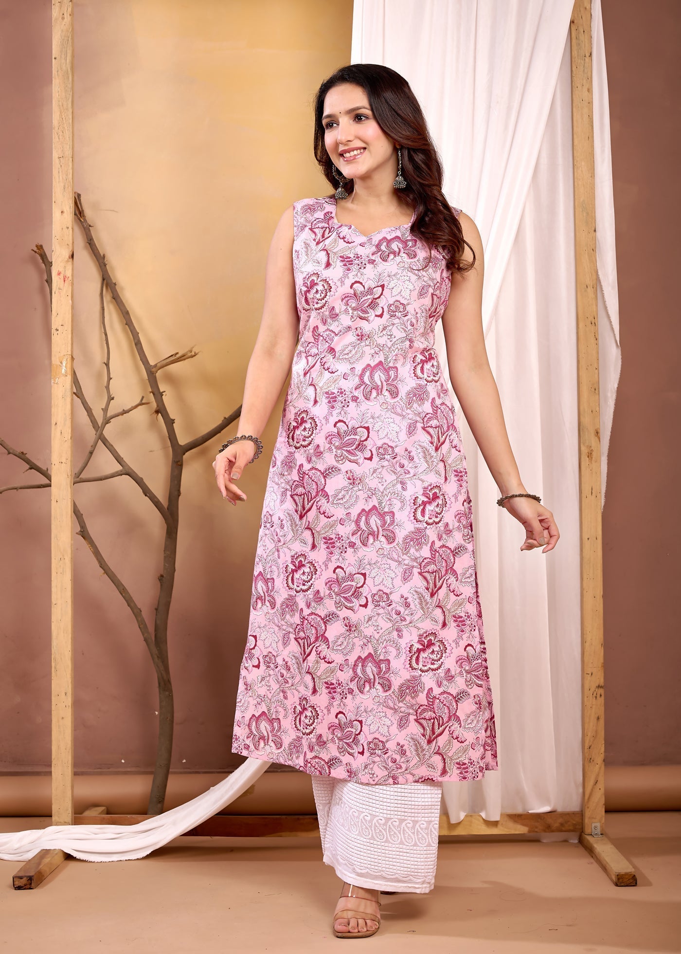 Pink Floral Printed Straight Sleeveless Kurta for Women | LASVINI - Redefining Indian Fashion with Elegance