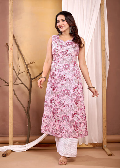 Pink Floral Printed Straight Sleeveless Kurta for Women | LASVINI - Redefining Indian Fashion with Elegance