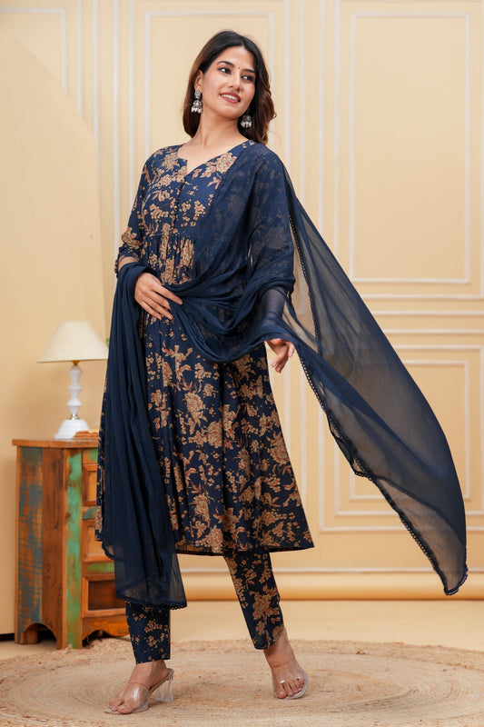 Navy Blue Printed Anarkali Kurta Set With Dupatta For Women | LASVINI - Redefining Indian Fashion with Elegance