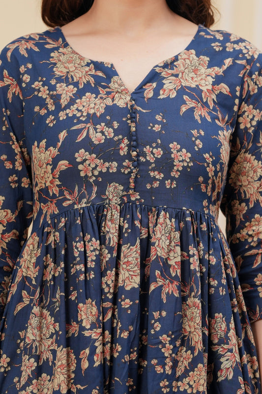 Navy Blue Printed Anarkali Kurta Set With Dupatta For Women | LASVINI - Redefining Indian Fashion with Elegance
